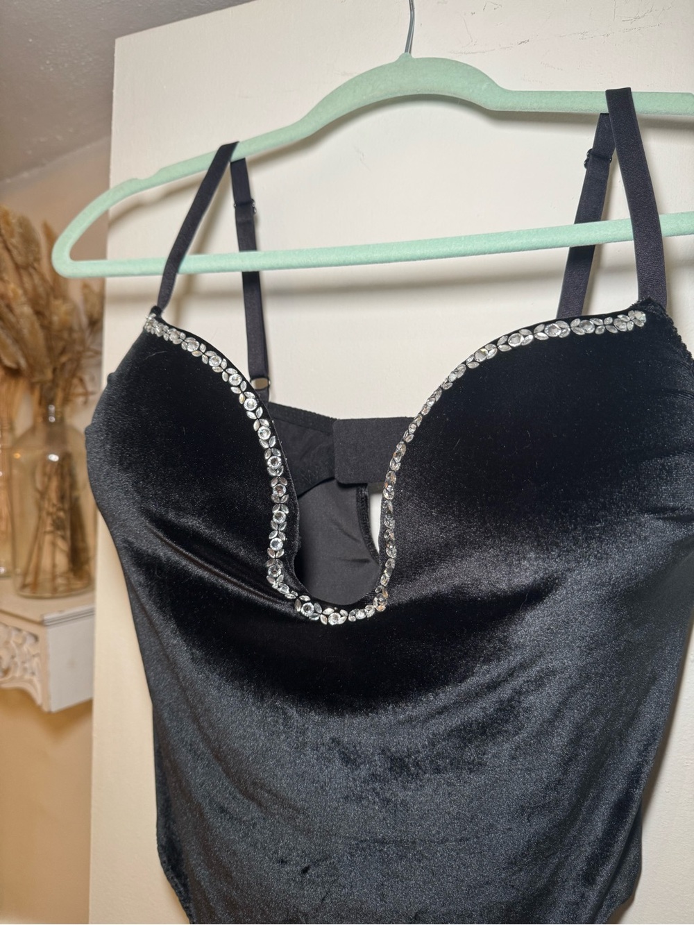 Victorias Secret black Rhinestone Trim Velvet Bodysuit